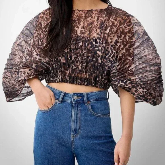 NWT Pleated organza leopard butterfly-sleeve blouse - Picture 2 of 3